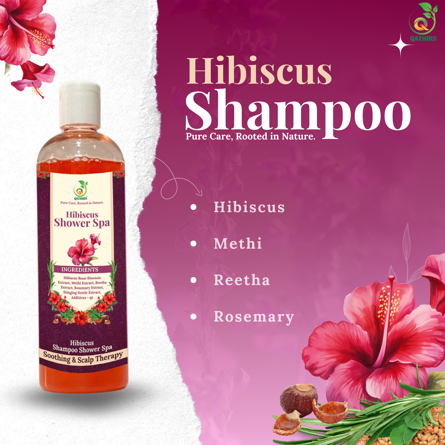 Qathirs Hibiscus Shampoo | Herbal Cleanser with Hibiscus, Methi & Rosemary |  Strengthens & Adds Shine – 200ml