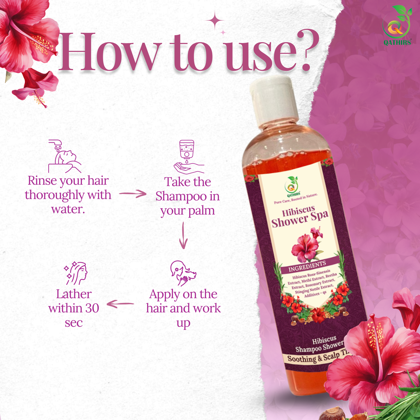 Qathirs Hibiscus Shampoo | Herbal Cleanser with Hibiscus, Methi & Rosemary |  Strengthens & Adds Shine – 200ml