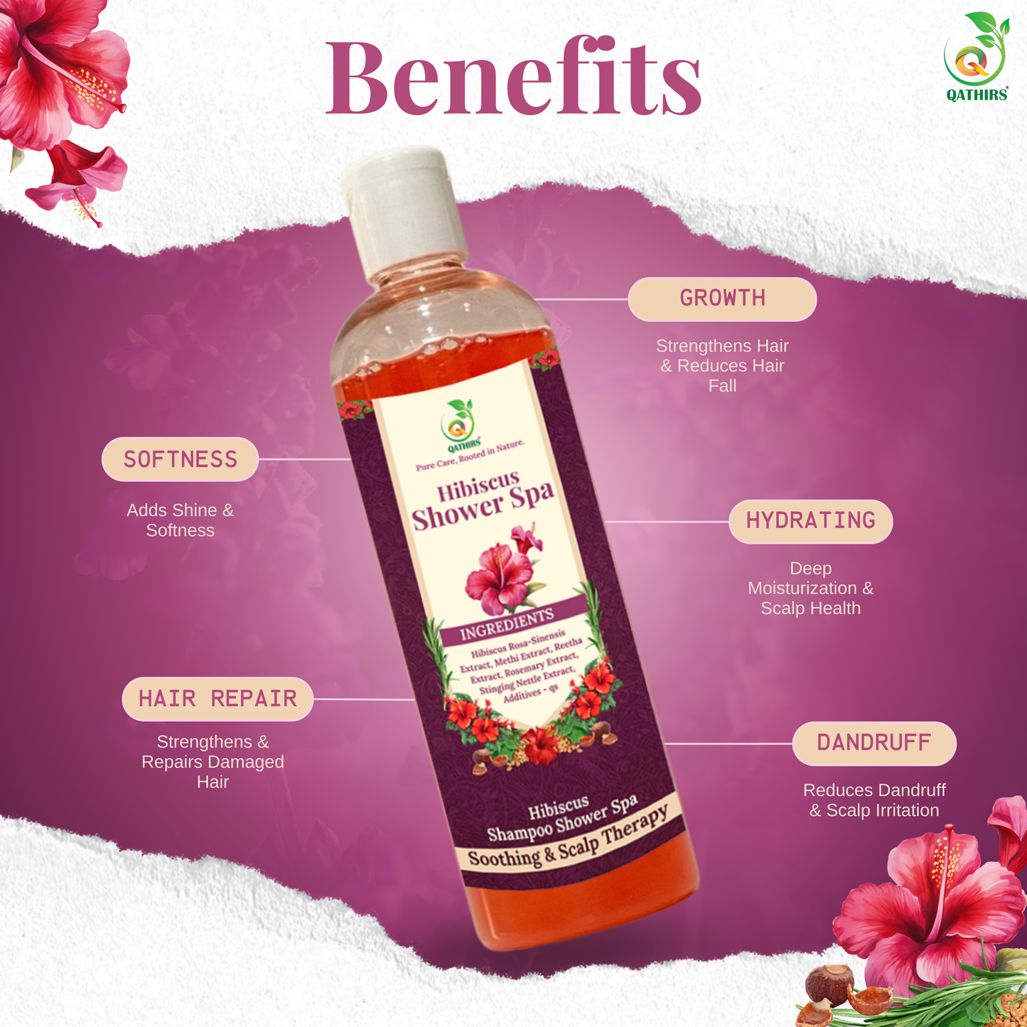 Qathirs Hibiscus Shampoo | Herbal Cleanser with Hibiscus, Methi & Rosemary |  Strengthens & Adds Shine – 200ml
