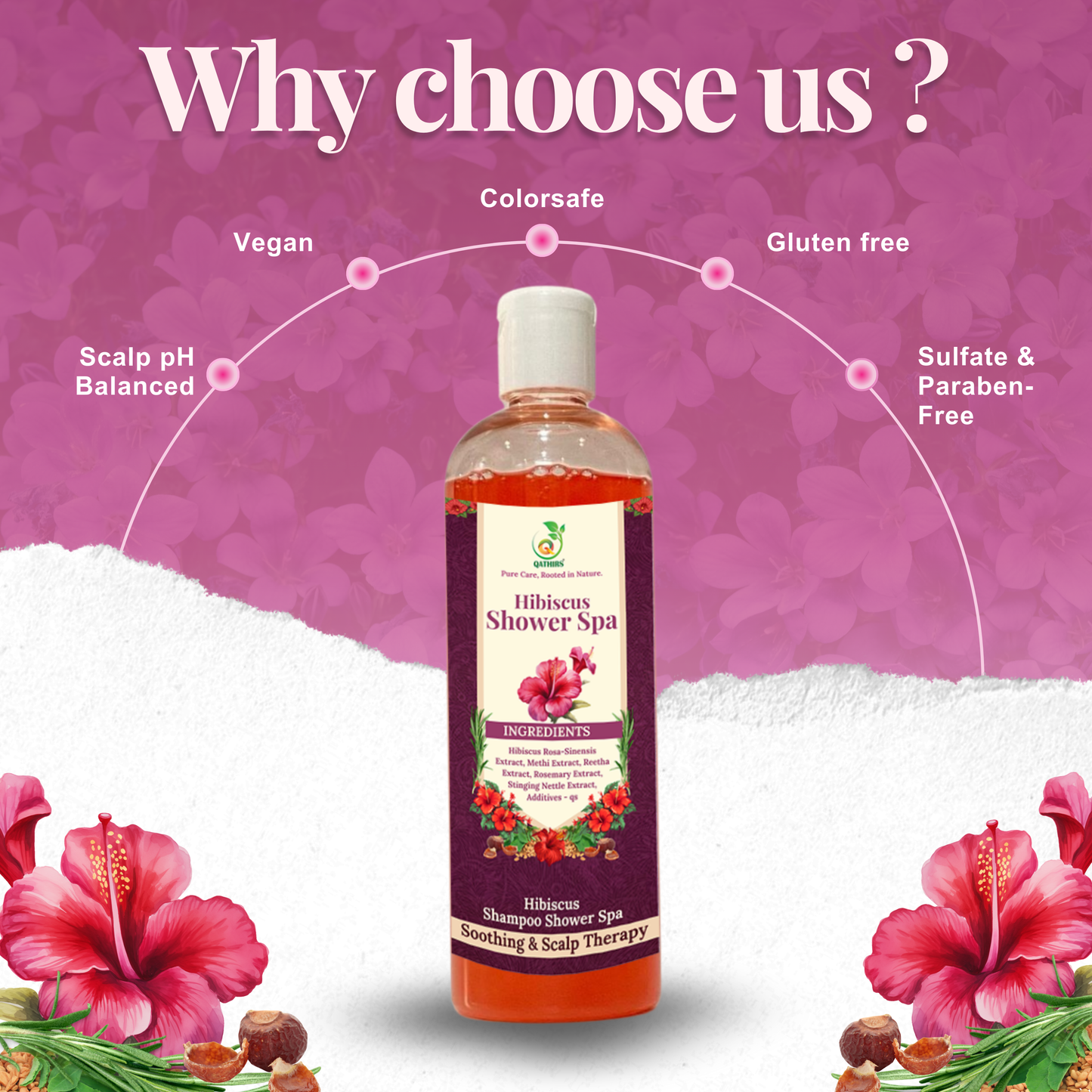 Qathirs Hibiscus Shampoo | Herbal Cleanser with Hibiscus, Methi & Rosemary |  Strengthens & Adds Shine – 200ml