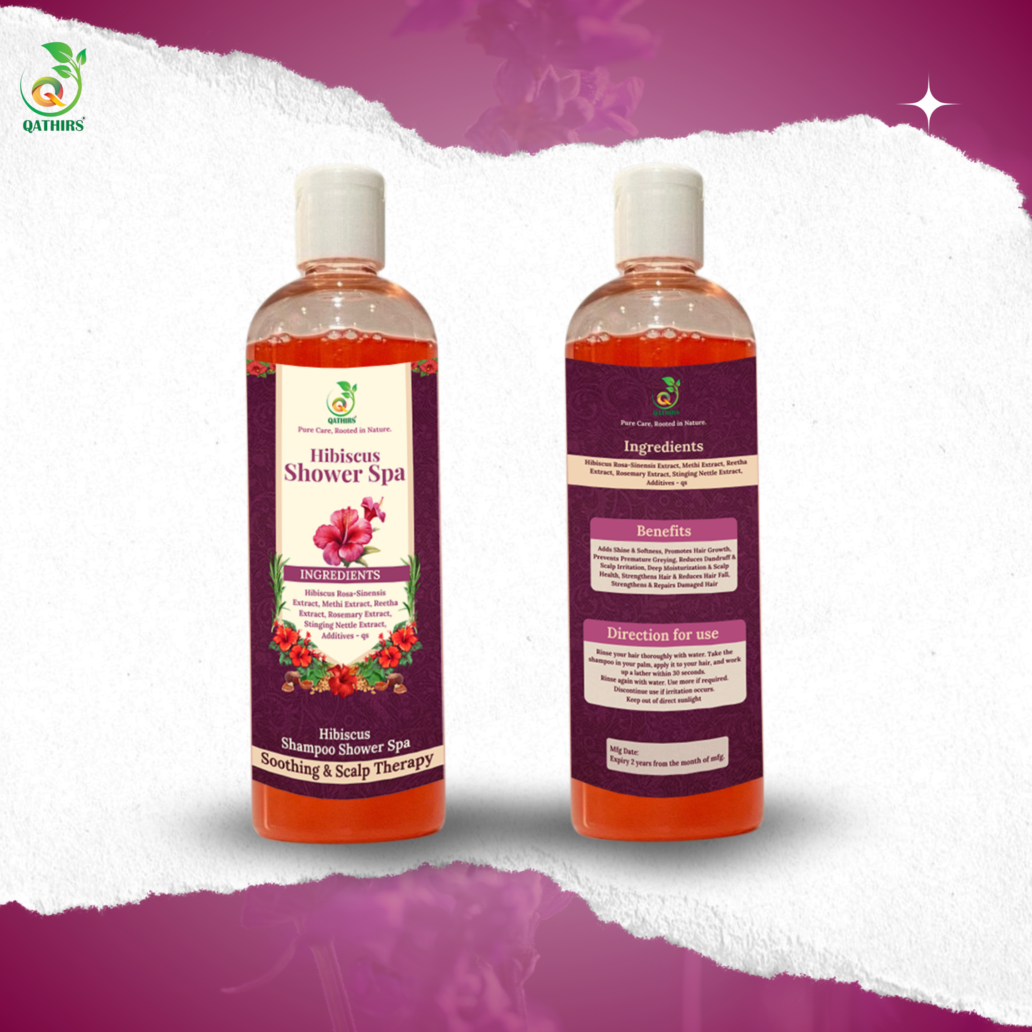 Qathirs Hibiscus Shampoo | Herbal Cleanser with Hibiscus, Methi & Rosemary |  Strengthens & Adds Shine – 200ml