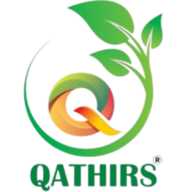 Qathirs logo with a colorful circle and leaves on a white background
